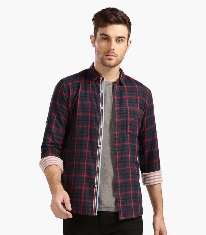 Men-Navy-Red-Checked-Slim-Fit-Casual-Shirt Men Navy & Red Checked Slim Fit Casual Shirt - Image 1