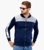 Men Hooded Navy Blue & Grey T-Shirt