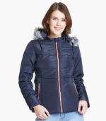 Women Navy Blue Solid Parka Jacket