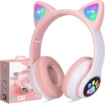 STN-28 Over Ear Music Headset Glowing Cat Ear Headphones Foldable Wireless BT5.0 Earphone with Mic AUX in TF Card MP3 Player Colorful LED Lights for PC Laptop Computer Mobile Phone